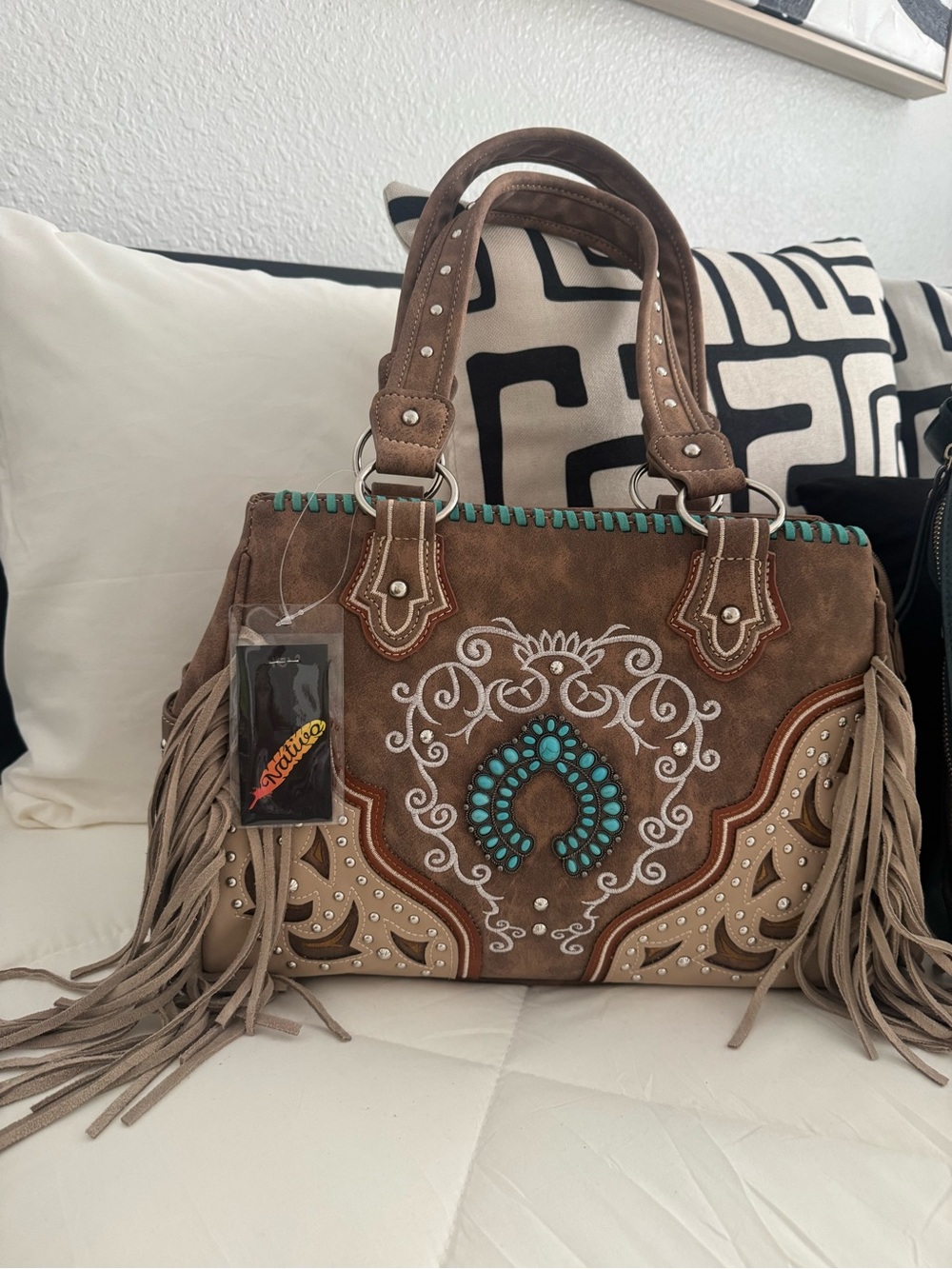 Nativo Western Suede Fringe Shoulder Bag Brown Turquoise Accents